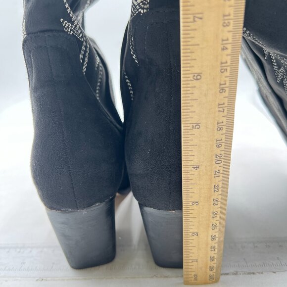 FOWT Black Pointed Toe Knee High Boots Chunky High Heel Embroidery Cowboy Boots - Picture 5 of 8